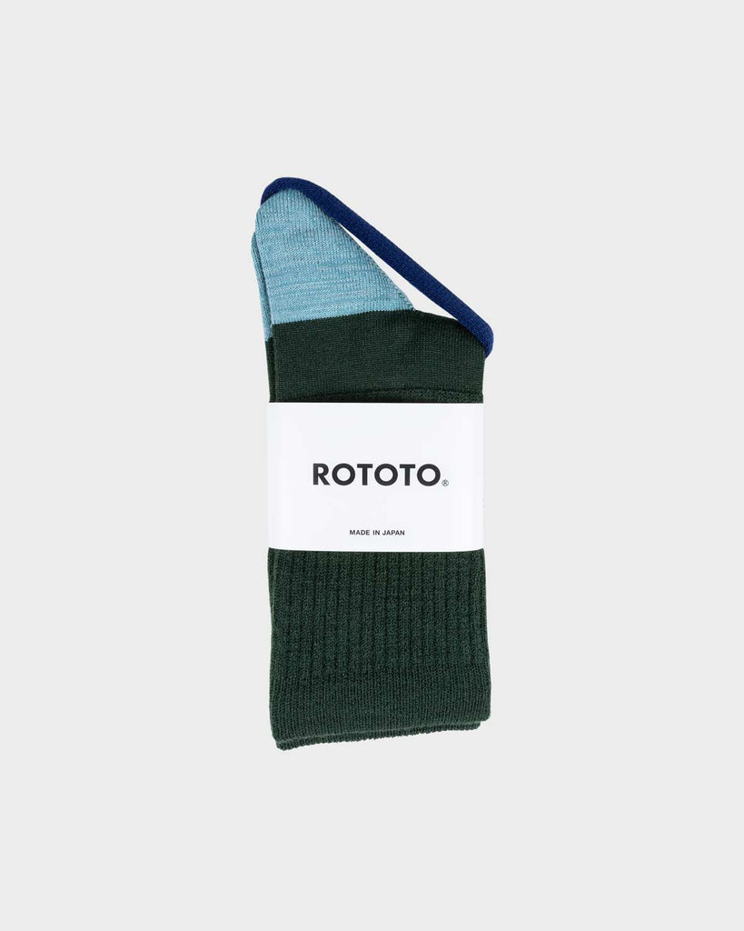RoToTo Hybrid Merino Wool Crew Socks - Dark Green/Light Blue