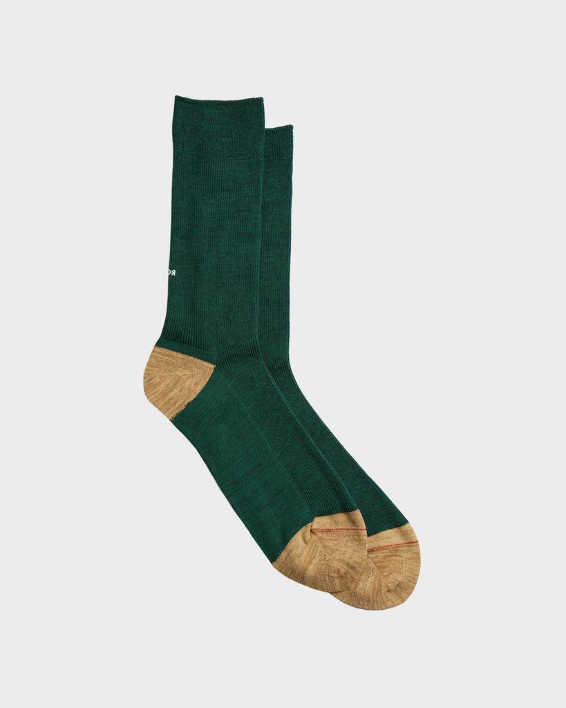 RoToTo Organic Cotton & Recycled Polyester Ribbed Crew Socks - Dark Green/Beige