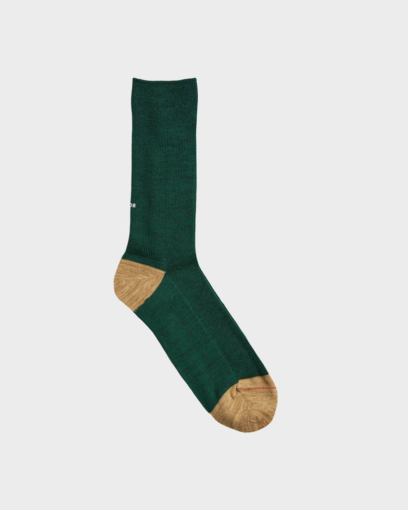 RoToTo Organic Cotton & Recycled Polyester Ribbed Crew Socks - Dark Green/Beige