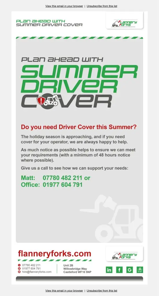 Flannery Forks Telehandler Driver Holiday Cover EMAIL